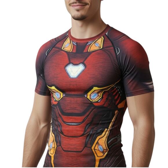 Mens Iron Man Avengers Short Sleeve Compression Top Gym T-Shirt Size L - Picture 1 of 7